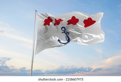 Official Flag Of Chief Of Staff, Maritime Self Defense Force, Japan At Cloudy Sky Background On Sunset, Panoramic View. Japanese Travel And Patriot Concept. Copy Space For Wide Banner. 3d Illustration