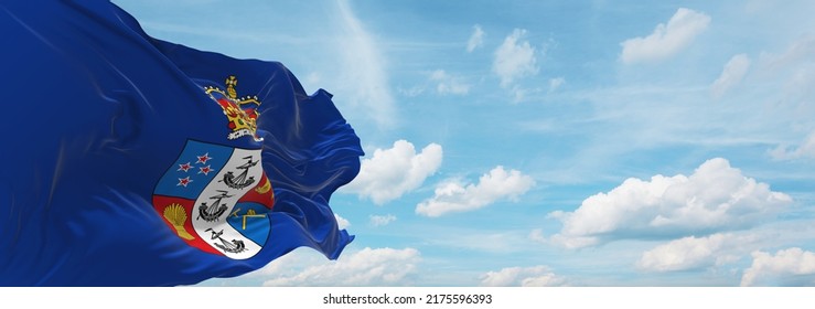 Official Flag Of Governor General New Zealand At Cloudy Sky Background On Sunset, Panoramic View. New Zealand Travel And Patriot Concept. Copy Space For Wide Banner. 3d Illustration