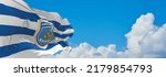 official flag of Hellenic Coast Guard Greece at cloudy sky background on sunset, panoramic view. Greek travel and patriot concept. copy space for wide banner. 3d illustration