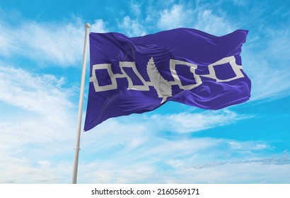 official flag of Iroquois Confederacy people ethnic USA at cloudy sky background on sunset, panoramic view. Native American patriot concept patriot concept. copy space for wide banner. 3d illustration