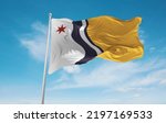 official flag of South Bend, Indiana untied states of America at cloudy sky background on sunset, panoramic view. USA travel and patriot concept. copy space for wide banner. 3d illustration