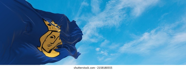 official flag of Stockholm , Sweden at cloudy sky background on sunset, panoramic view. Swedish travel and patriot concept. copy space for wide banner. 3d illustration