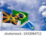 Official flags of the country Brazil, state of Mato Grosso do Sul and city of Campo Grande. Swaying in the wind under the blue sky. 3d rendering