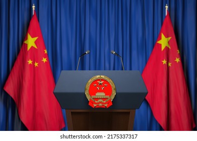 Official Press Conference Of China Fgoverment Or President. Tribune, Flags Of China And Microphones. 3d Illustration