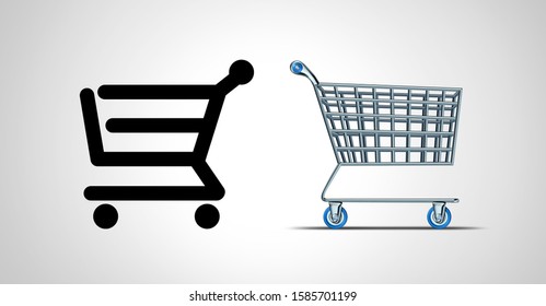 Offline Shopping Or Online Commerce Shopper Choice Choosing Between Two Shopping Cart Options As Buying On The Internet Or Making Purchases From Brick And Mortar Stores With 3D Illustration Elements.