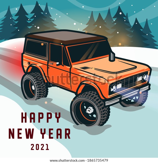 Off-road car standing in the middle of the road in\
the forest with headlights on.  Inscription Happy New Year 2021\
below.  Winter mood.Machine for winter weather standing in the\
forest