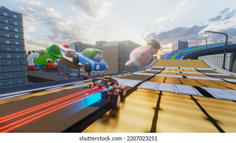 Off-Road Racing Arcade Video Game Level in Chaotic City. Computer Generated 3D Render of Car Driving Fast, Drifting and Collecting Coins on Highway. VFX Illustration. Third-Person View Gameplay.