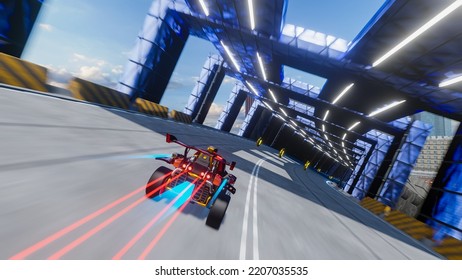 Off-Road Racing Arcade Video Game Set In Chaotic City. Computer Generated 3D Render Of Car Driving Fast And Drifting, Collecting Coins On Highway. VFX Illustration. Third-Person View Gameplay.