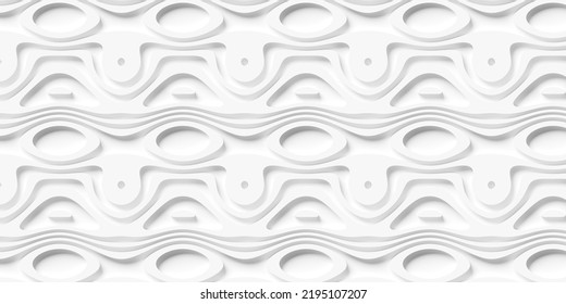 Offset White Organic Lines, Circles And Oval Shapes Geometrical Background Wallpaper Banner Pattern, 3D Illustration