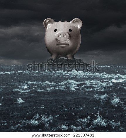 Offshore account and overseas banking concept as a tax haven symbol as a piggy bank on an island surrounded by a turbulent ocean as an icon for tax evasion or financial secrecy. [[stock_photo]] © 
