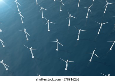 Offshore aerial view of wind turbines in the sea. Clean energy, ecological concept.,3d rendering