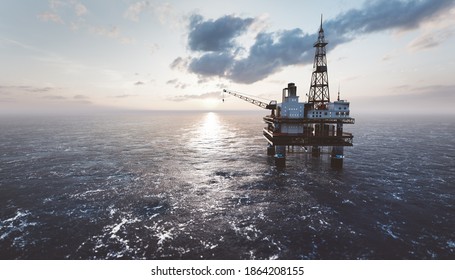 Offshore drilling rig on the sea. Oil platform for gas and petroleum or crude oil. Industrial. 3D illustration