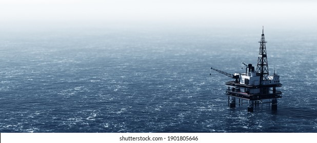 Offshore drilling rig on the sea. Oil platform for gas and petroleum or crude oil. Industrial, 3D illustration