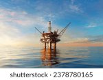 Offshore platform or oil rig in the open ocean producing natural gas for energy. 3D Illustration