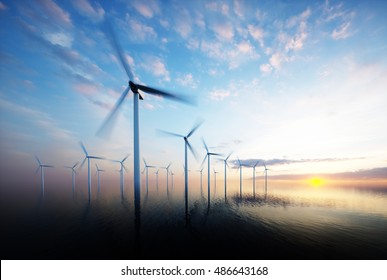 Offshore Wind Park At Daybreak. 3d Rendering.