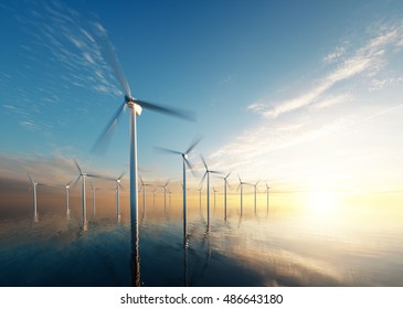 Offshore Wind Park At Daybreak. 3d Rendering.