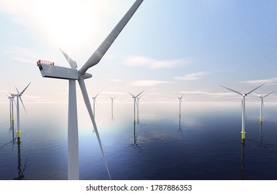 offshore wind park on sunny day (3D illustration)