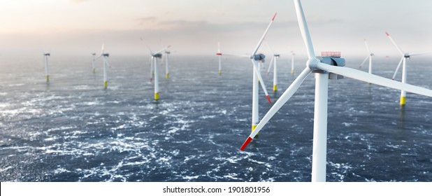 Offshore wind power and energy farm with many wind turbines on the ocean. Sustainable electricity production. 3D illustration