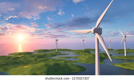 Offshore Wind Turbine Farm Landscape. Windmill At Sunset For Green Energy Or Renewable Energy Concept. 3D Illustration Windfarm.