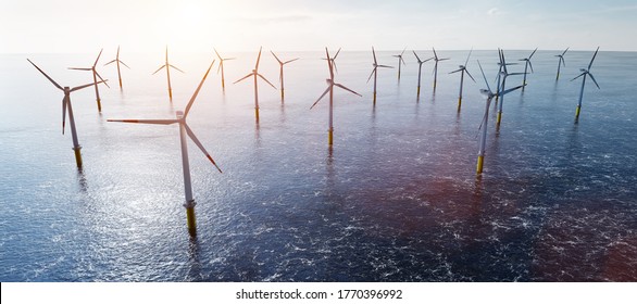 Offshore wind turbines farm on the ocean. Sustainable energy production, clean power. 3D illustration