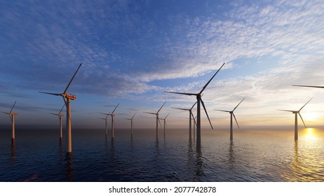 Offshore wind turbines farm on the ocean. Sustainable energy production, clean power. Close-up wind turbine.  - Powered by Shutterstock