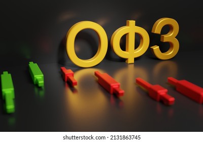 OFZ abbreviation - federal loan bonds against the background of a chart with Japanese candlesticks, reduction in the value of Russian government debt bonds of sanctions, 3d rendering