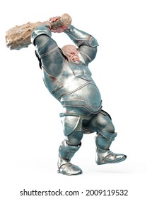 Ogre Is Attacking With A Club Weapon In White Background Side View, 3d Illustration