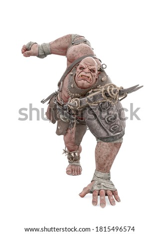 ogre warrior in barreling down pose is isolated on white background, 3d illustration