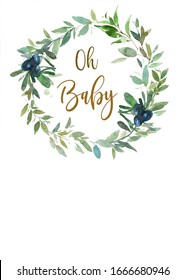 Oh, Baby, Green With Gold Invitation On White Background