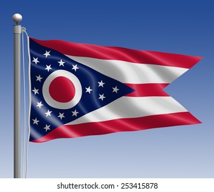 Ohio flag in pole on blue sky background