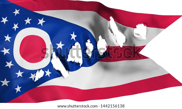 Ohio state flag perforated, bullet holes, white
background, 3d
rendering