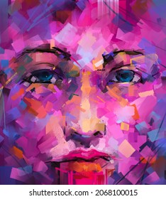 Oil Or Acrylic Paint On Canvas Texture. Abstract Color Portrait Of Young Woman. Modern Art, Oil Painting Colorful Female Face. Illustration Artwork Paint Design For Background, Impressionism Style