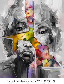 Oil, Acrylic Paint On Canvas. Abstract Colorful Flower And Black Girl Portrait. Modern Art Oil Painting Young Woman, Female Face. Illustration, Expression Artwork, Color Paint Design For Background