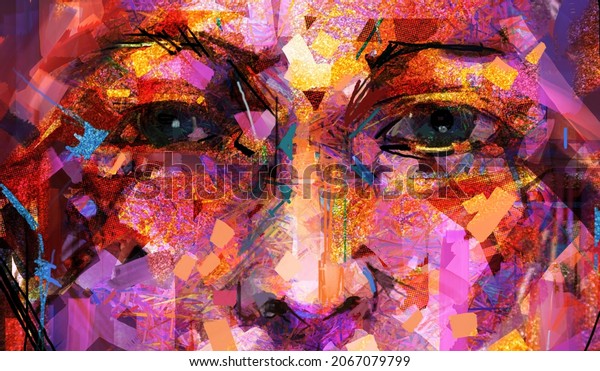Oil or acrylic paint on canvas texture. Abstract color portrait of young woman. Modern art, oil painting colorful female face. Illustration artwork paint design. Impressionism style.