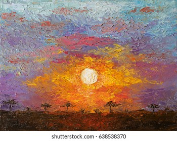 Oil art on canvas of sunset in African savannah landscape. Spectacular warm light of the sun. Modern impressionism artwork. Palette knife painting.