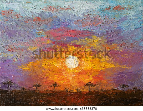 Olkunst Auf Leinwand Des Sonnenuntergangs In Stockillustration 638538370