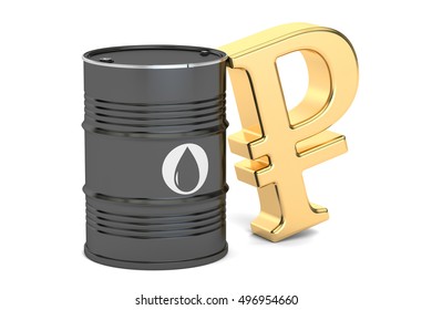 Oil Barrel And Russian Ruble Symbol, 3D Rendering Isolated On White Background