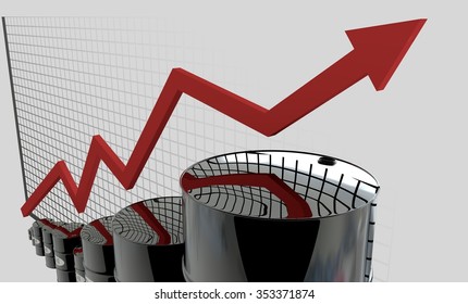 Oil Barrels And A Financial Chart On White Background.  Price Oil Up.  Business Concept.