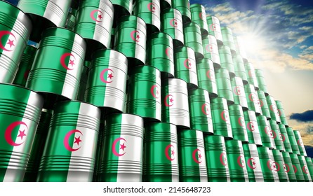 Oil Barrels With Flag Of Algeria - 3D Illustration