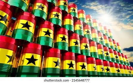 Oil Barrels With Flag Of Ghana - 3D Illustration