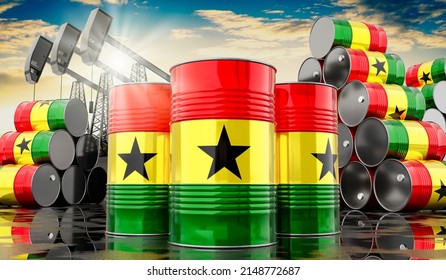 Oil Barrels With Flag Of Ghana And Oil Extraction Wells - 3D Illustration