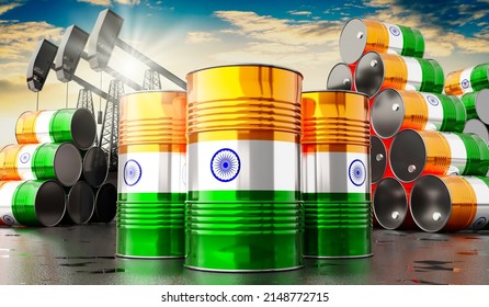 Oil Barrels With Flag Of India And Oil Extraction Wells - 3D Illustration