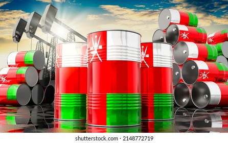 Oil Barrels With Flag Of Oman And Oil Extraction Wells - 3D Illustration