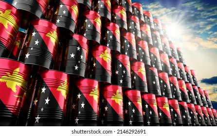 Oil barrels with flag of Papua New Guinea - 3D illustration