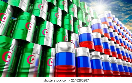 Oil Barrels With Flags Of Russia And Algeria - 3D Illustration