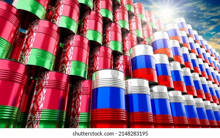 Oil Barrels With Flags Of Russia And Belarus - 3D Illustration