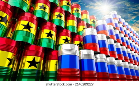 Oil Barrels With Flags Of Russia And Ghana - 3D Illustration