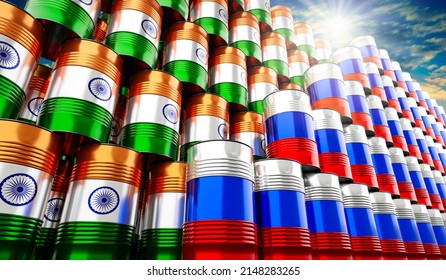 Oil Barrels With Flags Of Russia And India - 3D Illustration