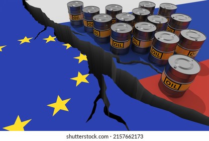Oil barrels on background of the flags of Russia and European Union. World financial sanctions on russian oil and gas because of the invasion of Ukraine. Oil embargo. 3D render