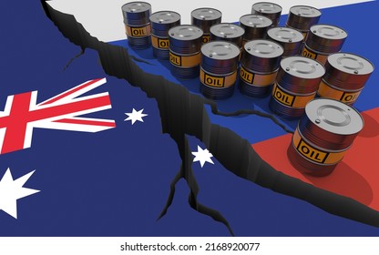 Oil Barrels On Background Of The Flags Of Russia And Australia. World Financial Sanctions On Russian Oil And Gas Because Of The Invasion Of Ukraine. Oil Embargo. Conflict Between Countries. 3D Render